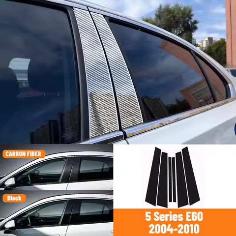 6Pcs Carbon Fiber Look Door Trim Stickers For BMW 5-Series E60 4-Door Sedan 2003-2010 Car Window B C