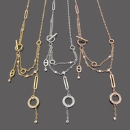 Letter OT Buckle Pig Nose Tassel Ring Full Diamond Necklace Pig Nose Double Layer Necklace