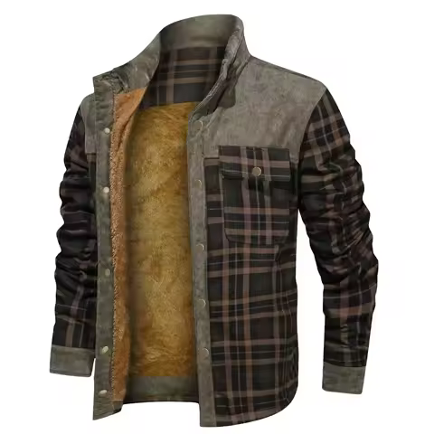Men's Winter Wool Lined Flannel Plaid Shirt Jacket With Button Hooded Long Sleeved Jacket Men Sweate
