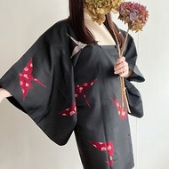 日本製和風紙鶴印花長版黑色古著道行和服外套