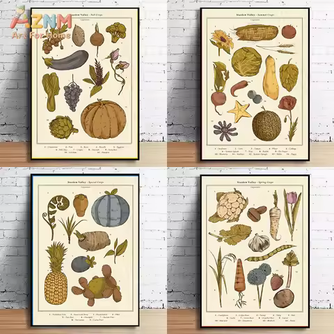 AZNM Stardew Valley Seasonal Crops Canvas Wall Art Prints, Vintage Botanical Poster for Gamer Room D