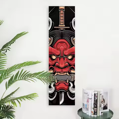 Flat Black Hannya Demon Mask Vertical Printed Tapestry | Modern Aesthetic Wall Hanging, Decor for Be
