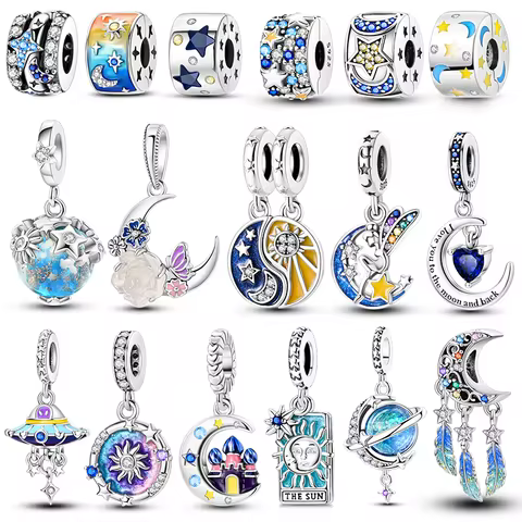 Silver Plated Mystery Star and Moon Charms Beads Fit Original Bangle Bracelet Pendant Dangle DIY Wom
