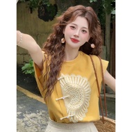 High-end Lace Trim Plus Size Unique Small Flutter Sleeve Top for Women Summer New Short Sleeve T T-s