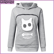 Women Spring Hoodie with Cat Nest Cartoon Print Big Zipper Pocket Hooded Long Sleeves Keep Warm Pull