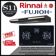 Rinnai RH-S3059-PBW Sleek &amp; Stylish  Matt Black Design LED Slimline Hood + Fujioh FH-GS5530 SVGL Black Glass Gas Hob  With 2 Different Burner Size BUNDLE DEAL - FREE DELIVERY