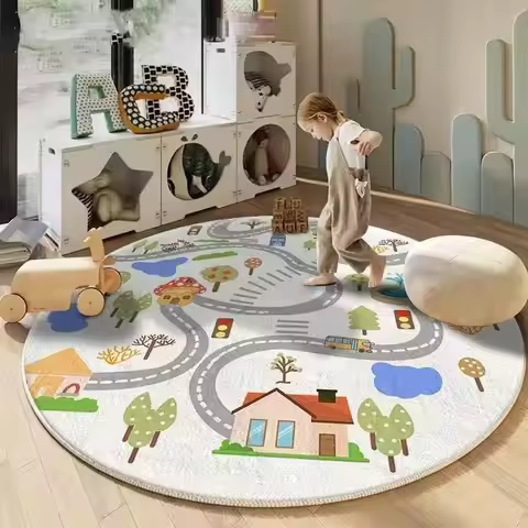 Road Map Play Rug Gray Base with Houses Trees and Vehicles for Kids Imaginative Play