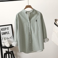 เสื้อเชิ้ตผู้หญิงแขนยาวหลวมๆ ผ้าฝ้ายแท้สีฟ้าอ่อนลายทางปักสไตล์ญี่ปุ่น ฤดูใบไม้ผลิ 2025 เสื้อคลุมกันแ