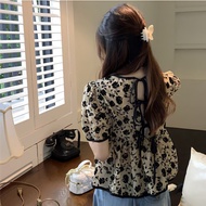 Large Size French Vintage Floral Tea Break Short-Sleeved Top Women 2023 Summer Laced-Up Baby Shirt T