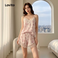 Lovito Set Piyama Renda Korea Sutra Ais 2 Helai Selesa untuk Wanita LNE113153