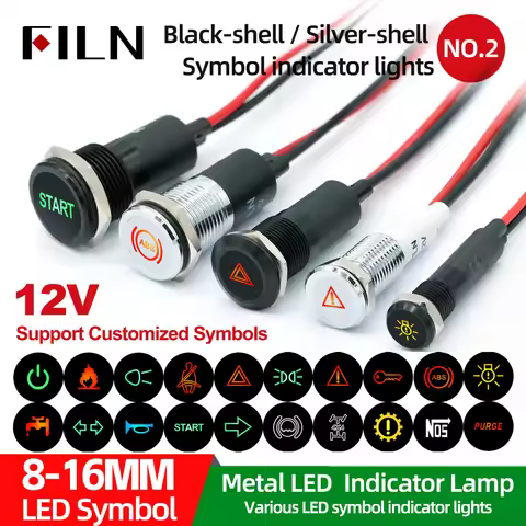 FILN 12V 24V Symbol Pilot Led Light Metal Indicator 8mm 10mm 12mm 14mm 16mm Car Dashboard Truck Dash