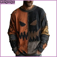 Halloween Spooky Face Sweater for Women Patchwork Print Knit Sweater Top Long Sleeve Crewneck Stitch