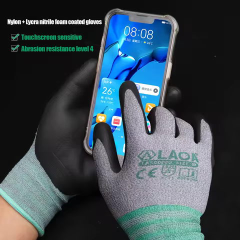 LAOA Touchscreen Gloves Nylon Lycra Nitrile Foam Coated EN388 Level 4 Abrasion Resistant Work Safety
