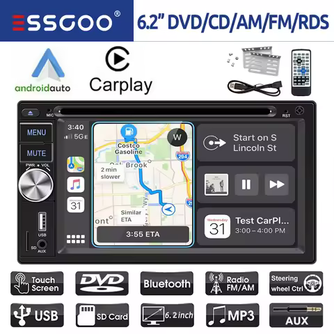ESSGOO 6.2 Inch Apple Carplay Android Auto Double 2 DIN Car Stereo Radio CD DVD Player AUX FM Blueto