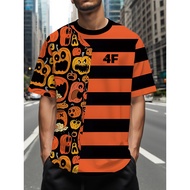 Men's 3D Digital Print Halloween T-Shirt with 3D Pumpkin Face & Number 4F Logo - Black & Orange Stri