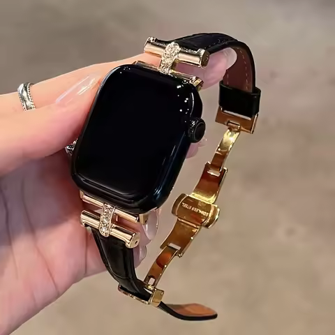 Luxury Crocodile Leather Band For Apple Watch Strap 10 8 9 SE 7 Ultra Women Gold Diamonds Wrist Brac