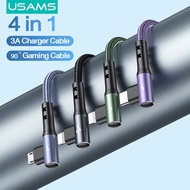 USAMS สายชาร์จ3 In 1 90 ° สายชาร์จมุมขวา3A สายเกม Micro USB + Type-C + 2สายชาร์จไลท์นิ่งสำหรับ Samsung Android Mobile 90 ° สายเล่นเกม