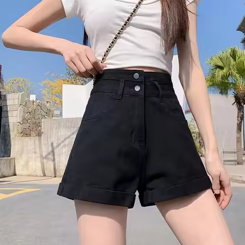 Hot Sale Summer Lady High Waist Classic Thin Jeans Girls Solid Color A-line Denim Shorts Lady Casual