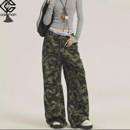 CAZAMAN กางเกงวอร์ม กระเป๋าข้าง คาร์โก้ กางเกงขายาวเอวสูงทรงกระบอก ลายทหาร X39