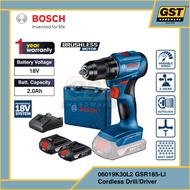 Bosch GSR 185-LI 18V Brushless Cordless Drill Gerudi Tanpa Wayar | 2 Battery + Charger | 06019K30L2