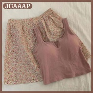 JCAAAP Hoa Đàn Hồi Eo Pajama Vest Với Độn Ngực Pajama Quần Nhà Quần Mùa Hè Thiết Lập Cho Phụ Nữ