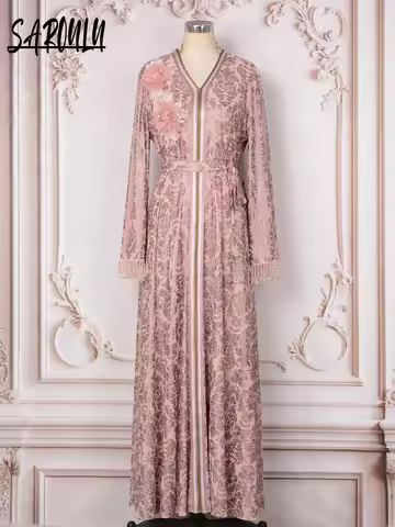 Dubai Gilding Romantic Floral Evening Dress Classy Long Sleeves Tassel Customized Muslim V Neck Cock