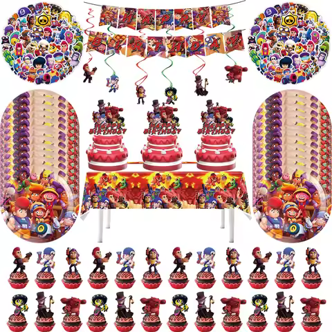 Brawl Stars Birthday Party Decor Paper Cups Plates Napkins Tablecloth Gift Bags Cake Toppers Kids Pa