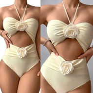 GB Womens Halterneck 3D Flower Swimwears Swimming Costume Push Up Cutout Swimsuit 1Piece Bathing Sui