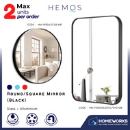 HEMOS BATHROOM MIRROR 600/700/800MM WALL MOUNTED ALUMINUM BLACK FRAME ROUND & RECTANGLE KACA CERMIN