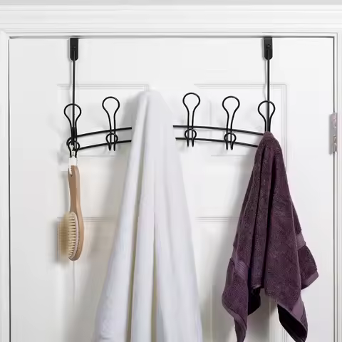 Over-the-Door 6-Hook Rack, Storage for Towels, Clothes, No Drilling, Matte Black