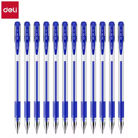 Deli 12-Pack Gel Pen Set 0.5mm Fine Point Ballpoint Pens in Assorted Colors Black Blue Red for Schoo
