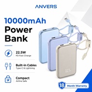 [CCC Certified]Anvers Power Bank 10000mAh 22.5W Fast Charging | Built-in Type-C & Lightning Cable | 