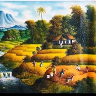 Lukisan Pemandangan Sawah Dan Panen Padi Ukuran Besar (2X1 Meter) Asli 100%