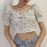 ✨2024 Spring Summer Fresh Square Neck Floral Puff Sleeve Short Sleeve Top Slimmer Look Short T-Shirt