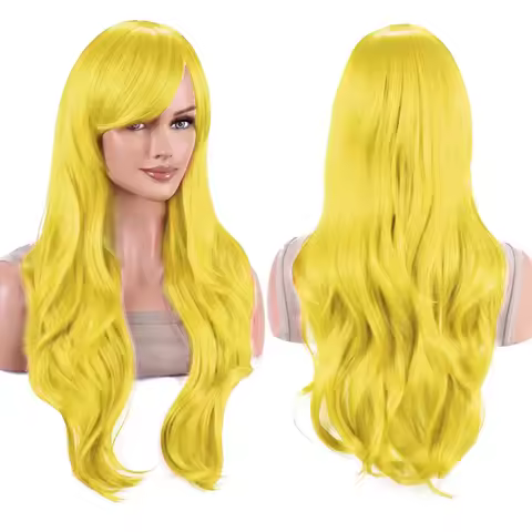 Synthetic Hair Long Wavy Bright Yellow Lolita Cosplay Wig Anime Wigs Lemon Irvine Halloween Costume 