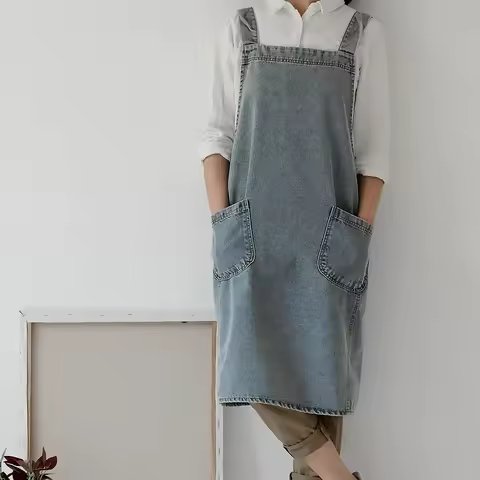 Japanese Korean Style 100% Cotton Canvas Wash Denim Apron for Kitchen BBQ Gardening Work Florist Bak