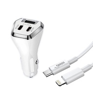 【City Boss】50W車用充電器 Type-C/USB-A 3孔車充頭+PD20W Type-C to Lightning 傳輸充電線(100cm)