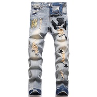 Amiri European And American Mens Jeans Ripped Embroidered Five-Pointed Star Trendy Stretch Slim-Fit 