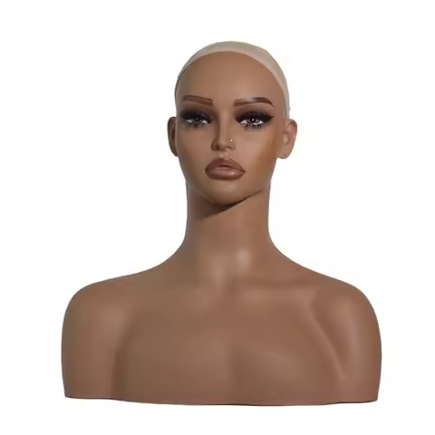 Realistic African Female Mannequin Head with Shoulders, Makeup Bust Wig Head with Fuller Lips, Eyela
