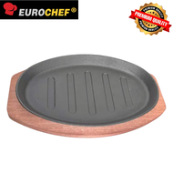 Eurochef Round Oval Cast Iron Sizzling Plate with Wooden Plate Holder | Perfect for Sisig, Steak, Se