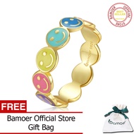 BAMOER 925 Silver Rainbow Gold Smile Face Rings Colorful Pattern Adjustable Ring for Women Anniversary Jewelry BSR220