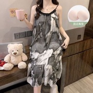 實拍夏季新款雲朵棉睡裙女韓系甜美印花吊帶固定胸墊家居服可外穿-圖片色 160(M)