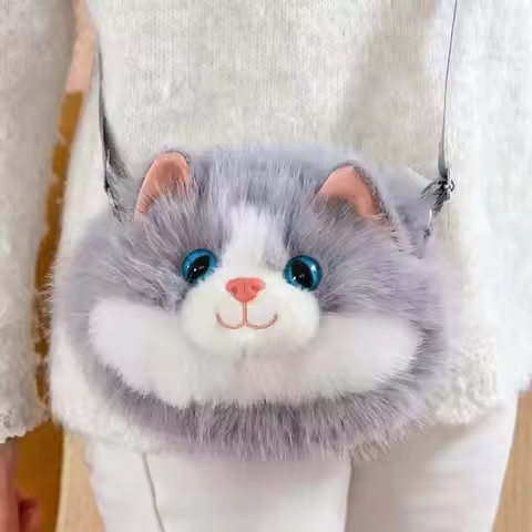 3D Cat Head Messenger Bag Cat Crossbody Bag Fluffy Realistic Fluffy Kitten Purse Lightweight Cute Re