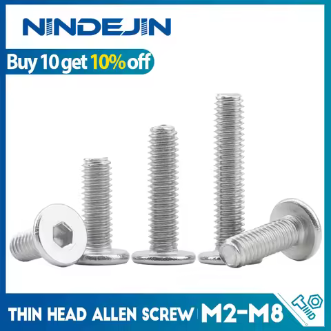 NINDEJIN Hexagon Socket Ultra Thin Low Head Screw Stainless Steel M2 M2.5 M3 M4 M5 M6 M8 CM Flat All
