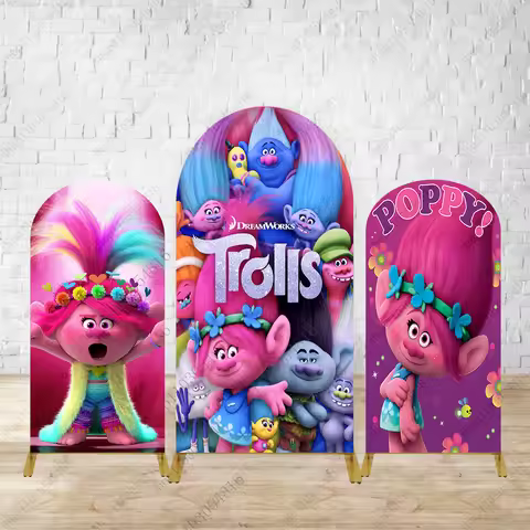 Trolls World Tour Arch Backdrop Decor Wall For Girls Kids Birthday Party Pink Photo Background Polye