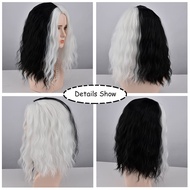 Cruella wig for Halloween Csotume Women 4 PACK Set Black and White Wig with 1920s red gloves C-holde