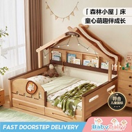 BabyDairy Solid Wood Treehouse Bed - Princess & Boys' Canopy Bed with Safety Railings, Playhouse Twi