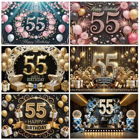 Happy 55th Birthday Backdrop Supplies Black Gold Balloon 55 Years Old Background Glittering Party De