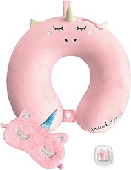 urnexttour Neck Travel Pillow for Kids, Unicorn Airplane Memory Foam Pillow with Cute Sleep Mask &amp; Earplugs, Lightweight Travelling Sleeping Pillow Set for Car, Train, Bus and Home Use (Pink)