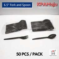 [50pcs] 6.5" Black Disposable Plastic Fork and Spoon - Garpu Plastik, Sudu Plastik, Party Fork and S